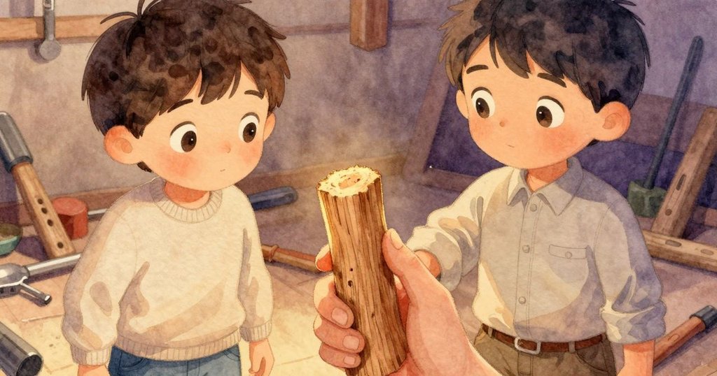 菲力克斯的手特寫，輕輕握住新切的松木楔子，木紋和樹脂質感鮮明，旁邊隱約可見銅質零件