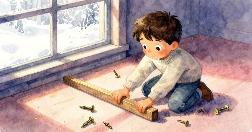 從高角度拍攝，菲力克斯正用錘子輕敲松木楔子，窗台散落著銅螺絲和碎屑，展現精心修理的氛圍