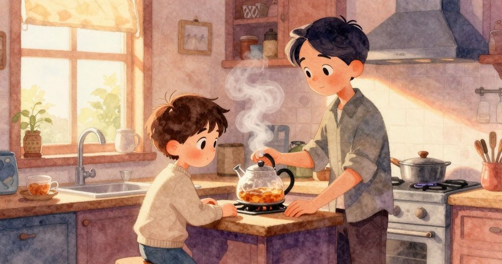 廚房中，菲力克斯與巴雷特分工合作，巴雷特在爐邊攪拌，菲力克斯忙著準備馬克杯，蒸氣氤氳，溫暖而忙碌的早晨