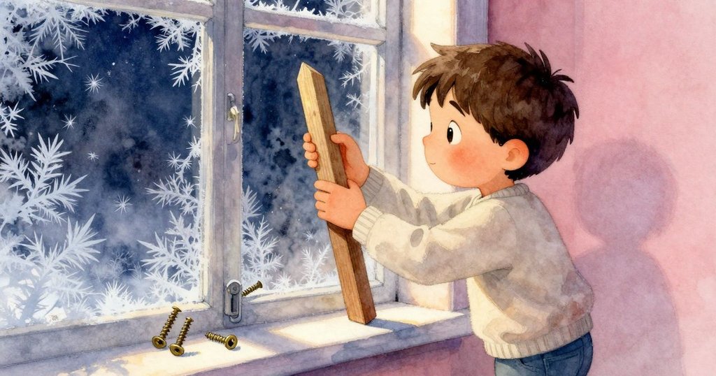 菲力克斯回到窗邊，小心挑選較厚的楔子，窗上精緻的冰花重現，他專注地測試著新楔子，窗台上散落著銅螺絲