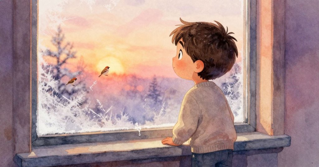 菲力克斯站在窗前凝望向外，窗台上有麻雀足跡與晶亮的水滴，室內溫暖光線與外面清新天際交融，展現希望的氣息