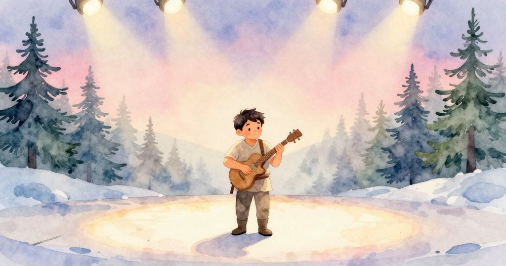 Zephyr 穿著簡潔服裝走進燈光柔和舞台上，鼓面有陰影，表情期待與堅定，展現表演開始的氣氛