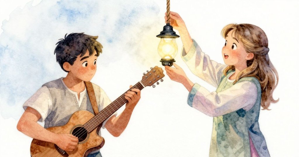 Zephyr 與 Celina 合作修復燈具，Zephyr 握緊粗繩，Celina 固定鎖扣，彼此間展現專注與默契，舞台氣氛恢復平衡