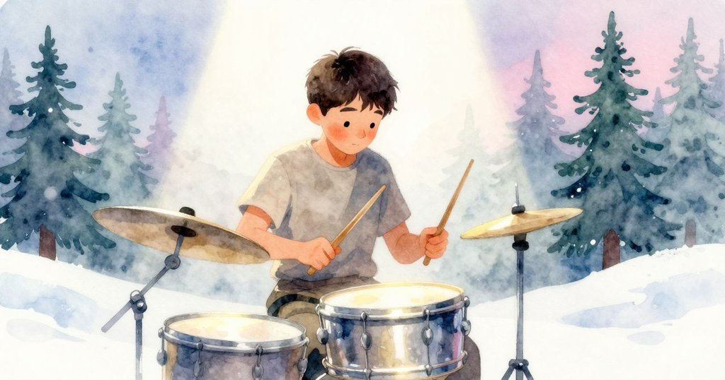 Zephyr 重返鼓台前，輕敲發光鼓邊，旋律轉為清新，象徵新生與蛻變，舞台洋溢著平靜與啟發