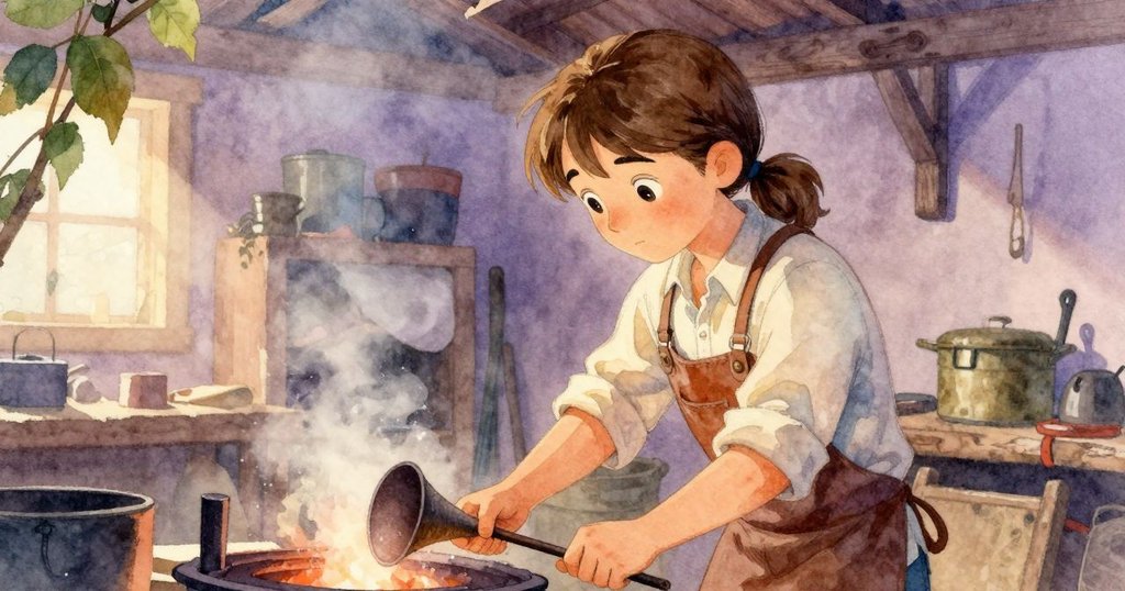 Celina在鐵匠鋪使用皮鼓風機，木樁上站立，背景有工具和火光，神情專注而平靜