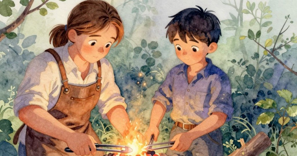 Celina的手握住鉗子，小心提起發光金屬塊，火光與細節明顯，展現技藝專注的瞬間