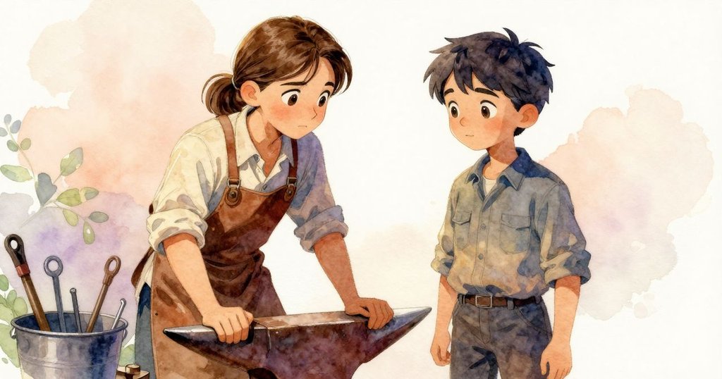 傾斜角度展示擺滿各種金屬工具的鐵砧和發出金光的淬火桶，Celina的影子流露沉思