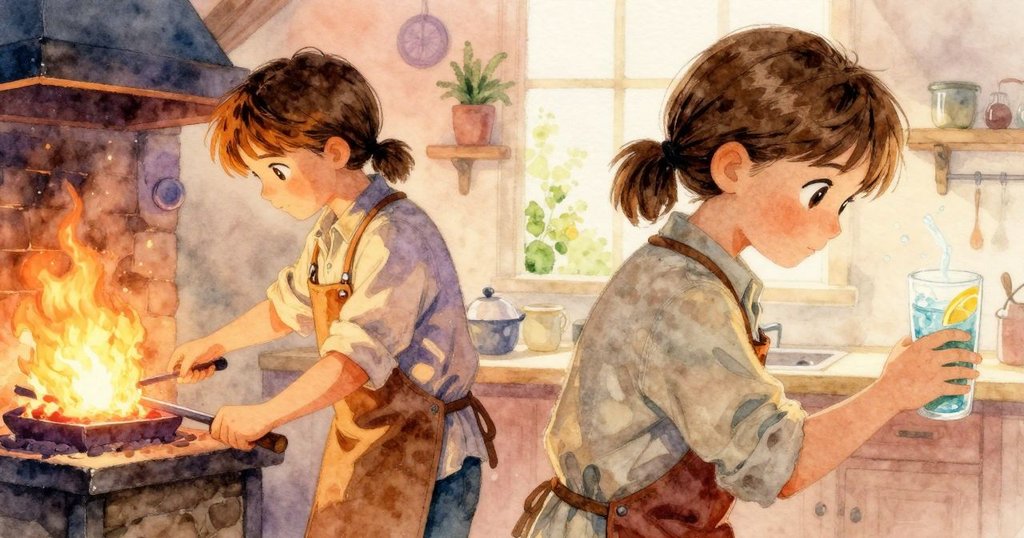 Celina在雙重畫面中一邊揮動發光金屬條，一邊呈現溫暖亮廚房的幻影，光影交融，充滿魔幻感