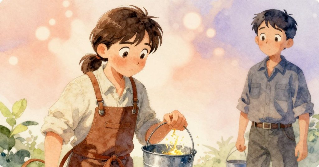 Celina驚訝地看著淬火桶釋放柔和金光，Nestor在旁輕笑，工坊充滿神秘而溫暖的光線