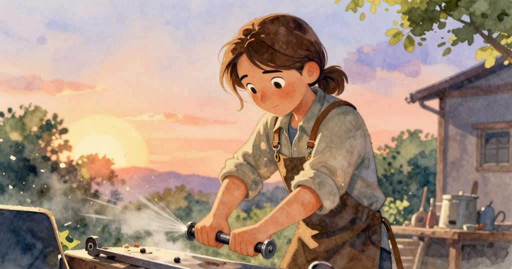 Celina在夕陽下穩健敲打發光金屬，金色光線映衬出金屬葉形，工坊充滿溫暖與寧靜