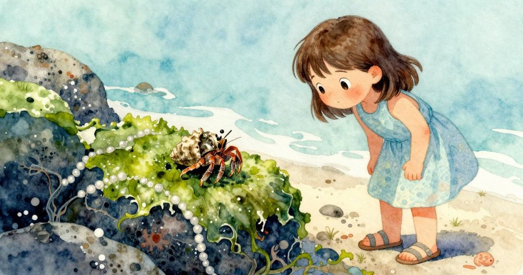 露西亞從旁凝視潮池中沿著苔蘚岩石爬行的寄居蟹，流露出自然好奇與專注情感