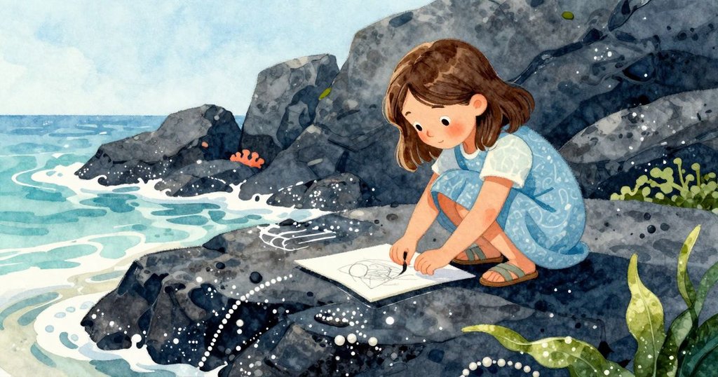 露西亞跪在潮池濕岩上調整速寫本，低角度展現岩面反光與海邊獨特光影