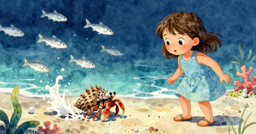 露西亞看著寄居蟹因銀魚掠過而急奔，泥沙飛揚中她流露驚喜與活力，場景動感十足