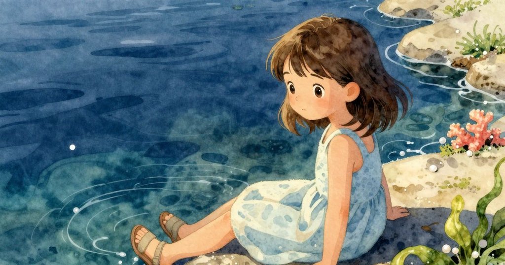 露西亞安坐潮池邊欣賞完成的速寫，臉上流露出安寧滿足，柔和日光與寧靜海邊營造結局