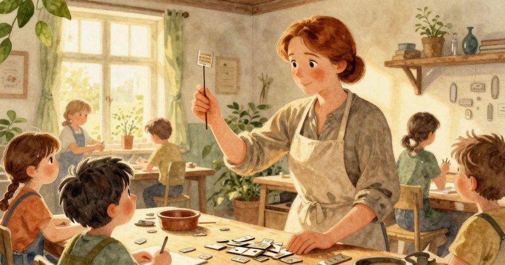 貝亞在忙碌印刷間操作組字棒，同事們在背景中忙碌工作，燈光溫暖，現場充滿協作氣氛