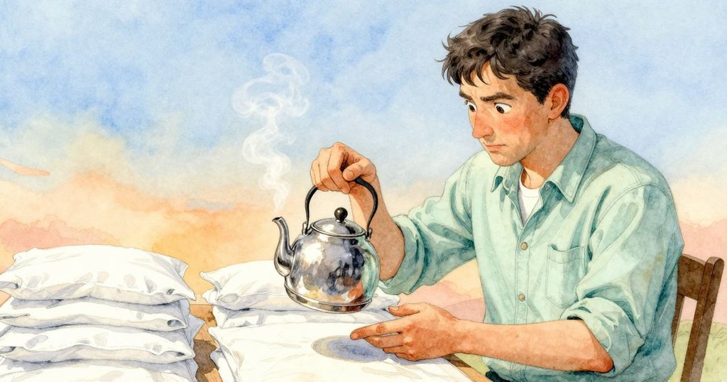 喬爾在溫馨工作間中調整棉紙堆，蒸氣茶壺旁墨板閃亮，細節豐富展現創作環境