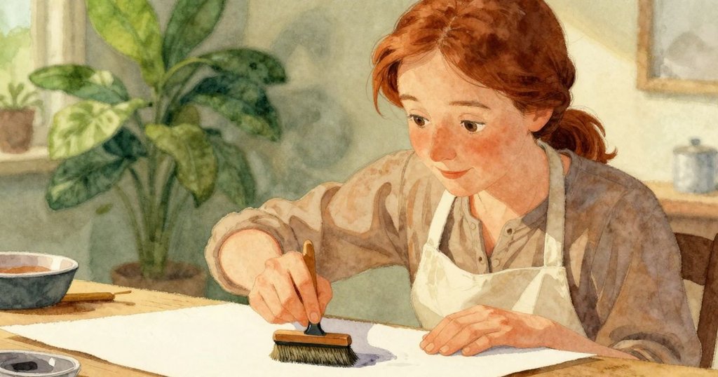 貝亞低角度用橡膠輥子印墨，面容專注，燈光溫暖照耀紙張與墨跡，細節動感顯著