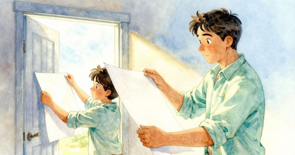 喬爾在門邊準備新紙張，涼風從門下輕輕飄入，室內燈光溫暖與外界清涼形成和諧對比