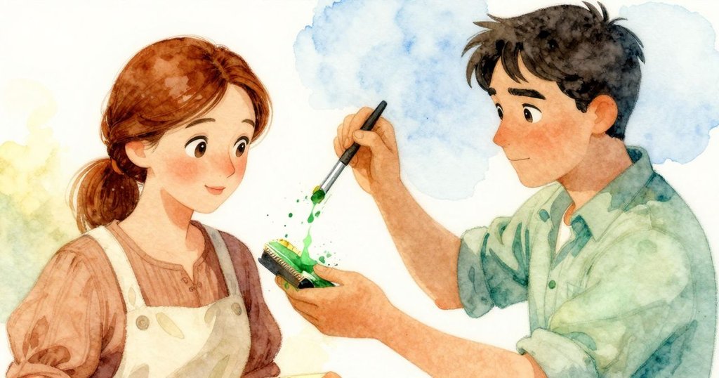 貝亞手部動作迅速操作橡膠輥子，墨水中綠色光芒流動如緞帶，動態細節生動展現創意能量