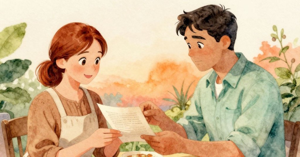 喬爾輕輕遞交新印版給貝亞，貝亞溫柔微笑欣賞上面翠綠紋路，瞬間充滿溫暖認同感