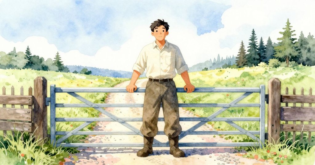 Zephyr打開鐵門步入草地, 充滿期待, 灣光下的草地呈現溫暖氛圍, 展開故事序章