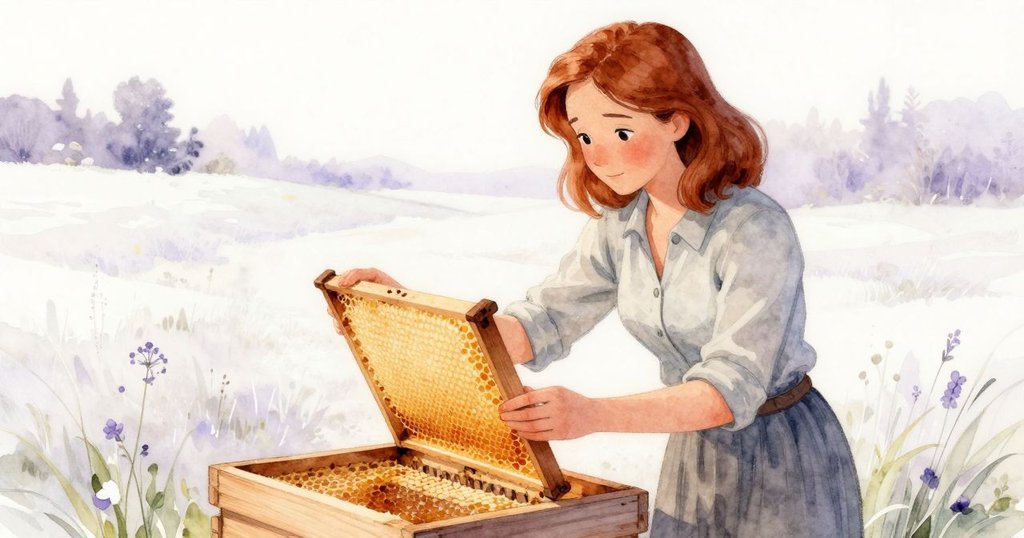 Ada站於木蜂箱旁, 溫柔抬起傾斜的蜂巢框, 金色光澤在陽光中閃爍, 呈現歷史感與細膩情懷