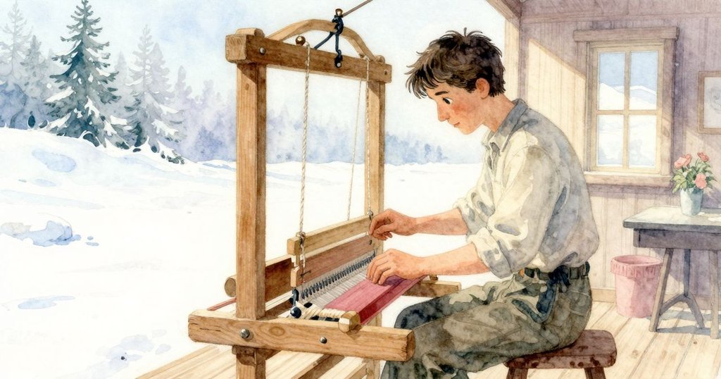 帕爾默在晨光中操作老舊織機，陽光斜射進木地板房間，展現沉靜專注情緒。