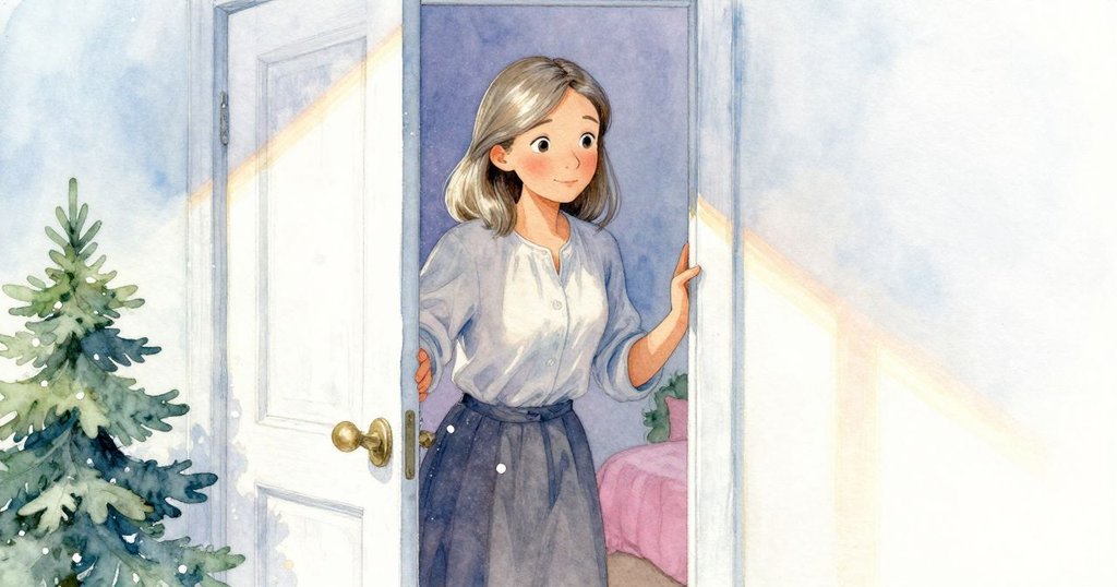 佩特拉輕步進入房間，溫柔拂去袖上塵埃，陽光下塵粒閃爍，流露出專注與平靜。