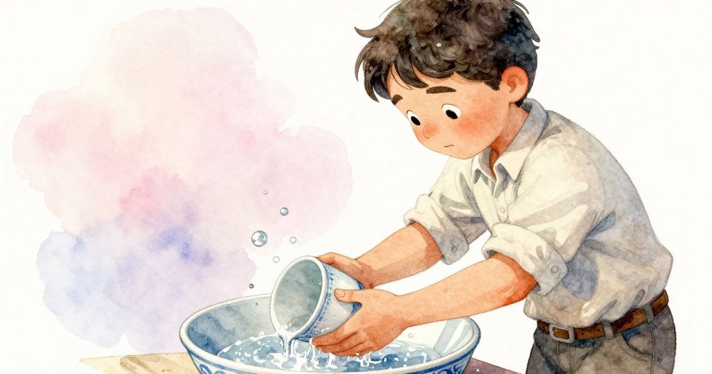 帕爾默專心清洗杯子，手部動作細膩圈旋杯緣，溫暖光線映出泡泡閃爍，氛圍寧靜。