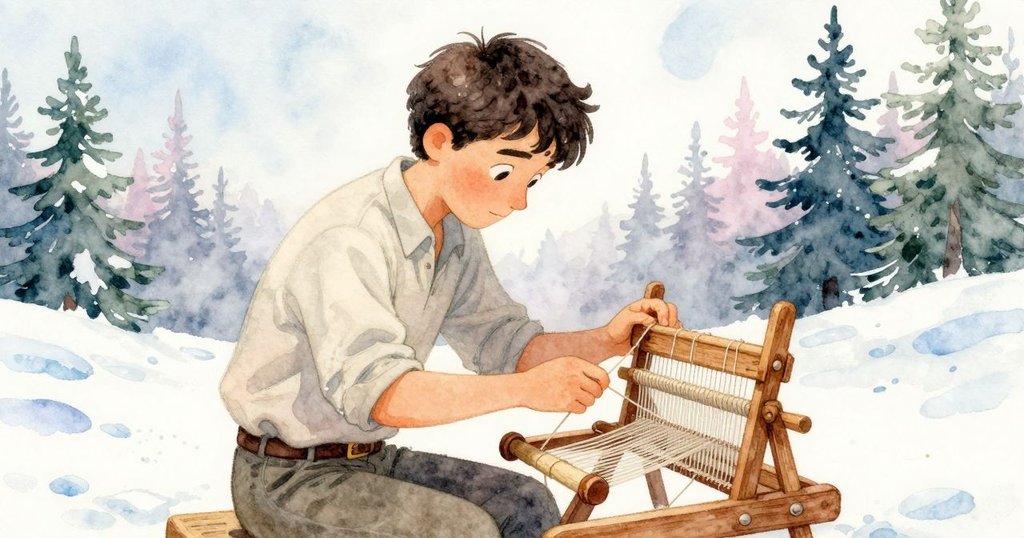 帕爾默因脫線而略顯緊張，專注調整織機上錯亂線頭，表情中流露出微妙掙扎與堅持。