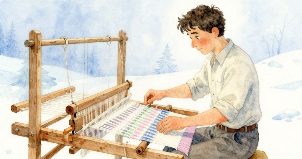 帕爾默以自信操作織機，布面呈現柔美紋理，溫暖光線映襯下揭示努力後的圓滿結局。