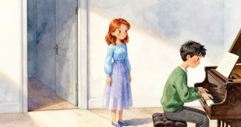 Oona在門口靜立注視Vernon調試鋼琴,柔和光線映襯出故事開端的寧靜與期待