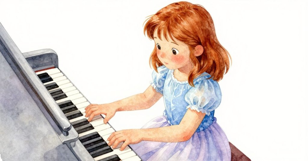 從高處俯瞰Oona專注彈奏鋼琴,手控靜音器,呈現精確動作與靜謐音律的流動