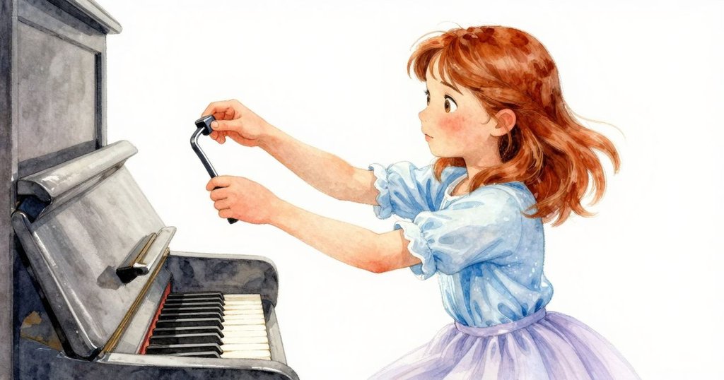 Oona在鋼琴前瞬間停駐,手中操作靜音器與槓桿,展現出瞬間永恆的專注與優雅