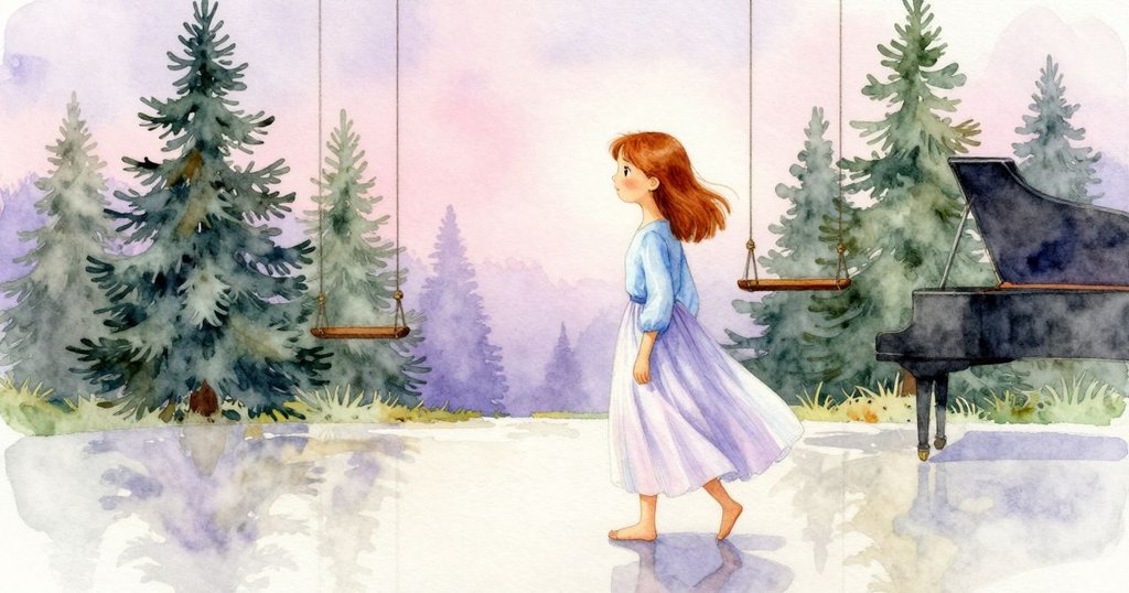 Oona退後於鋼琴旁,面露平靜,背景中鐘擺輕搖,展現故事尾聲中寧靜與思索