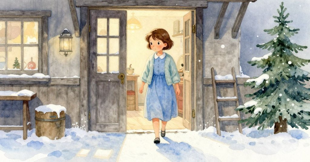 Eve推門進入作坊, 表情好奇, 溫暖燈光與陰影交織, 顯示故事開端轉折。