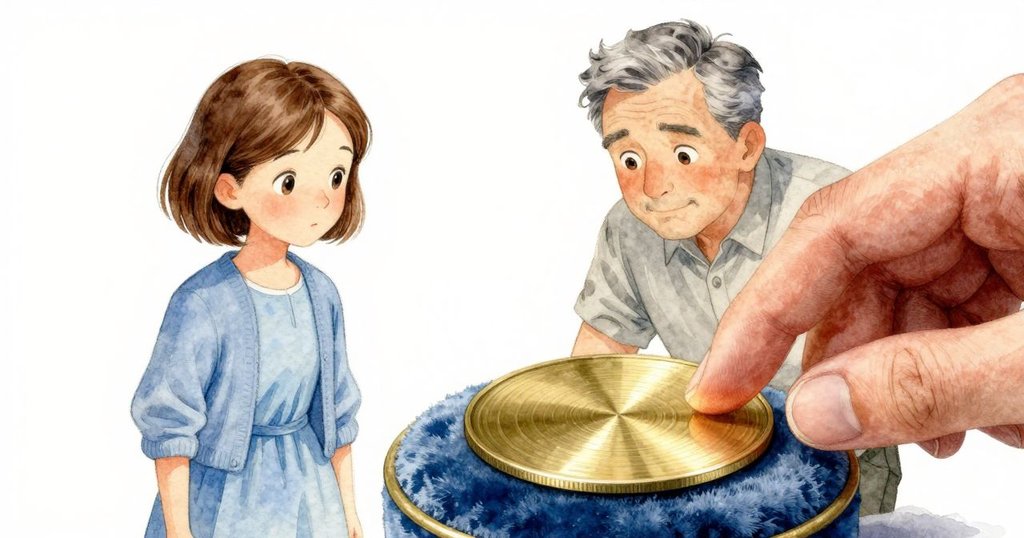 Eve用指尖觸碰黃銅盤, 細緻刻紋宛如舊地圖, 溫柔燈光下展現神秘細節。