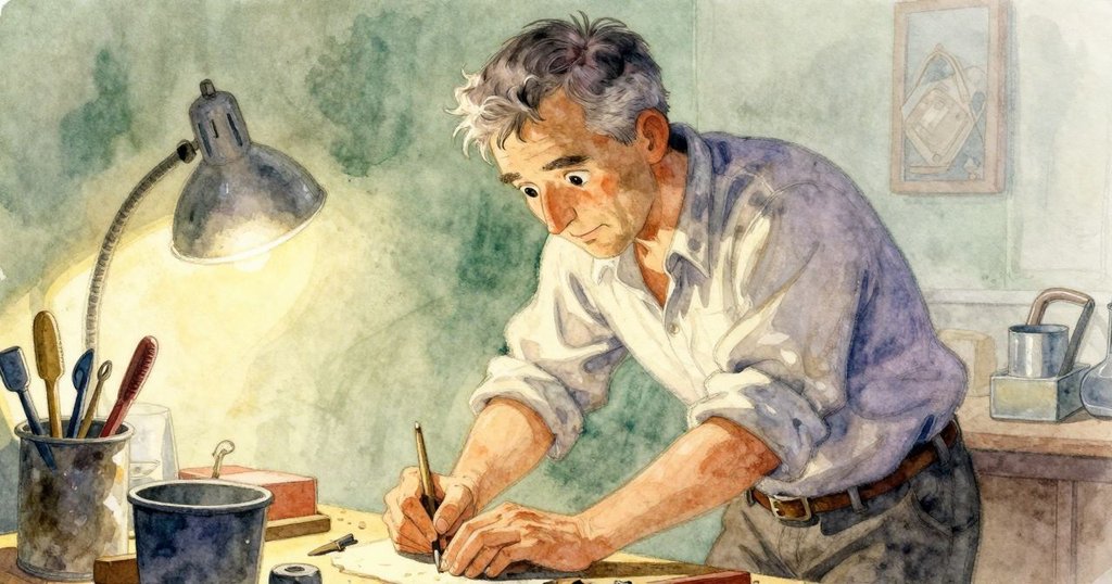 從低角度看作坊, Orson轉動椅腳, 黃銅盤輕微顫動, 工具顯大, 呈現神秘氛圍。