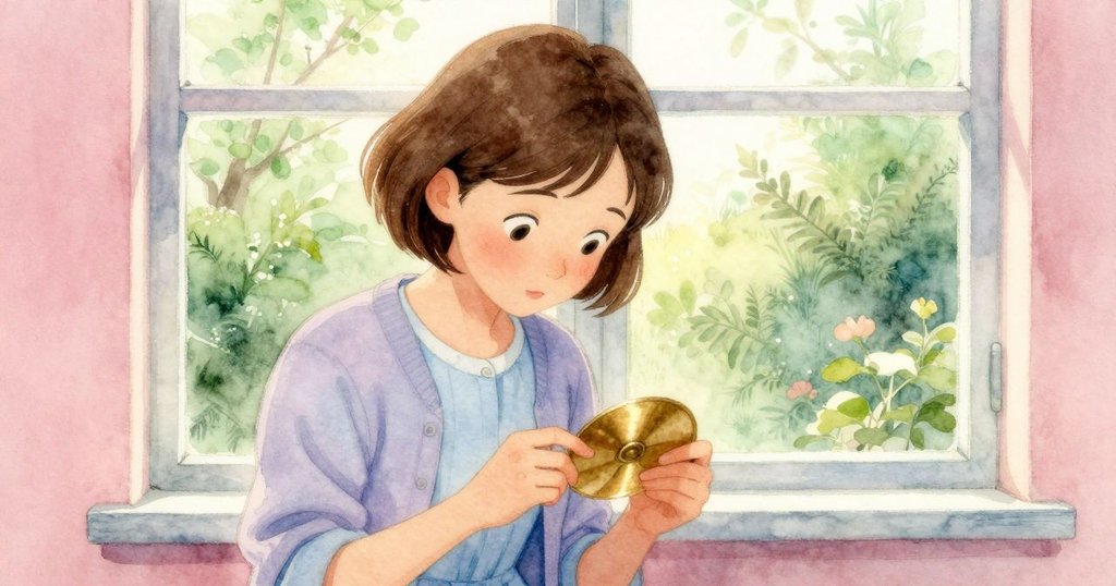 Eve細察盤子底部, 視窗外松樹與粉花交織, 室內外美景呈現探索神秘。