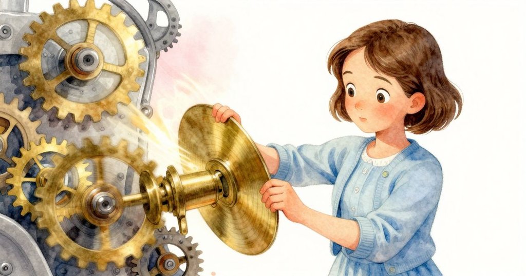 Eve專注轉動盤子凹口, 齒輪留動態軌跡, 光影交錯間展現機械旋律。