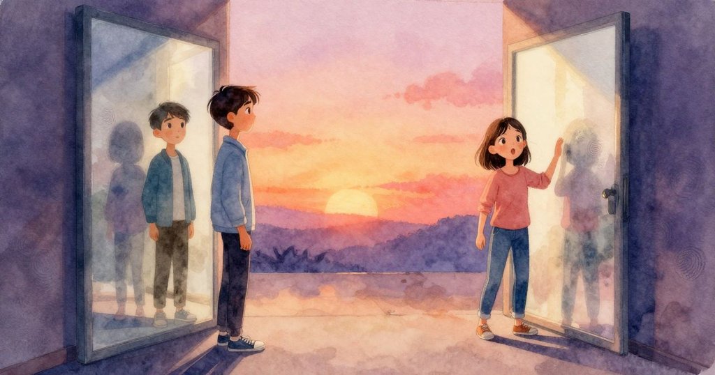 馬爾科站在鏡子迷宮分叉處，伸手觸碰乾淨的鏡面，凱拉的倒影好奇關注，溫暖燈光營造出奇妙氛圍。