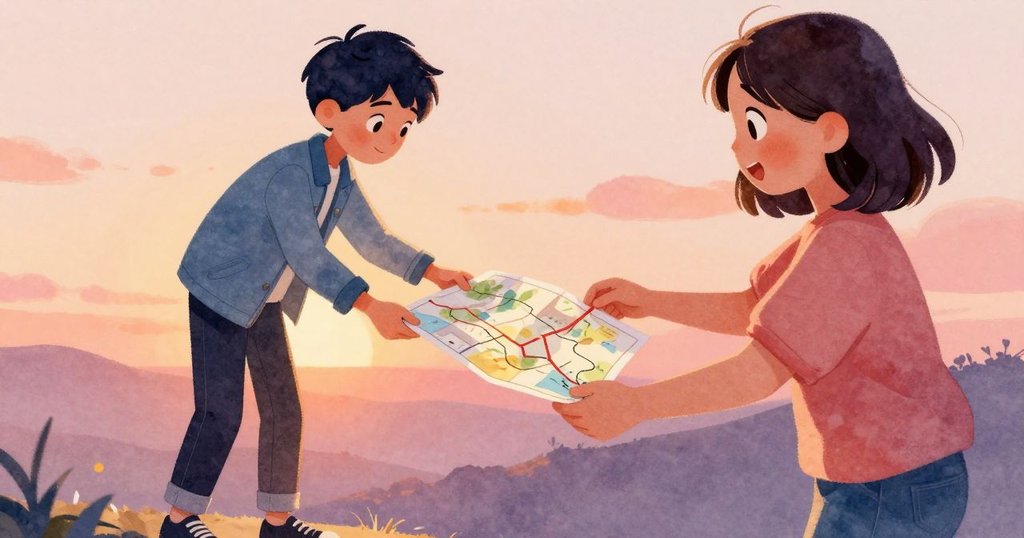 馬爾科與凱拉交換地圖特寫畫面，手部細節清晰展現地圖上劃出的路線，表情充滿專注與調皮。