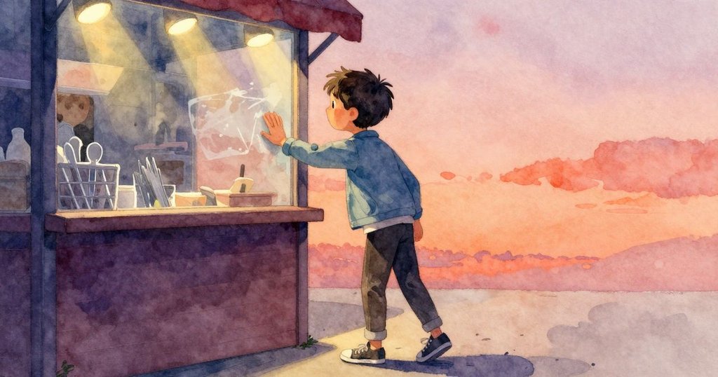 馬爾科手按在鏡面上，留下閃爍的指紋，背景透出小吃攤及閃亮餐具，溫暖燈光流動營造神秘感。