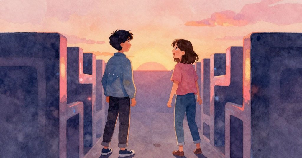 馬爾科與凱拉在迷宮中遇到隱藏透明牆，側身避免碰撞，微妙燈光與反射營造出神秘氣氛。