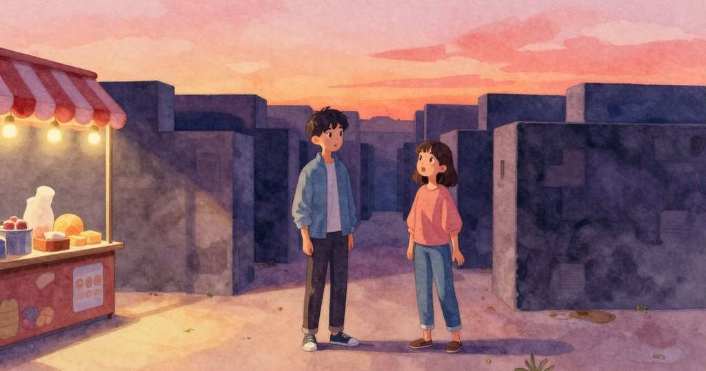 馬爾科與凱拉並肩於迷宮內寧靜區域，背後映出小吃攤與柔和彩燈，整體氛圍平和而溫暖。
