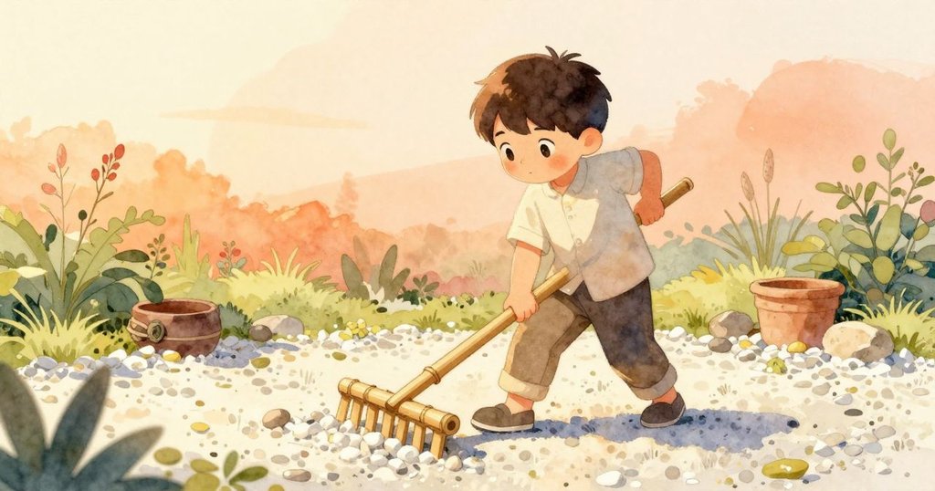 艾莫利在花園中用竹耙耙白色礫石,專注探索隱藏機械,晨光溫暖,氣氛神秘