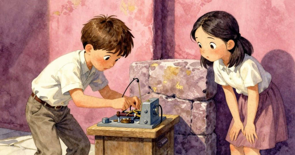 艾莫利專注操作機械,西安在牆邊默默觀察,場景分層呈現庭園變幻,互動生動