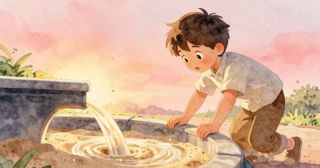 艾莫利靜靜觀察沙子沿著狹窄通道流動,庭園染上溫暖往事色調,散發歷史感