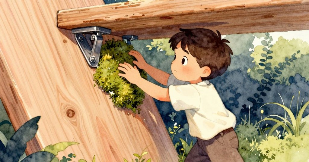 艾莫利堅定地用苔蘚堵住鉸鏈,動作細膩,展現在庭園中平衡變化與秩序的決心