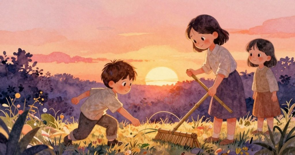 艾莫利站在金色夕陽下用竹耙劃出新弧線,西安微笑陪伴,楓葉靜靜飄落,結局平和